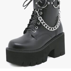 Chic Black Platform Moto Boots with Chain Detail